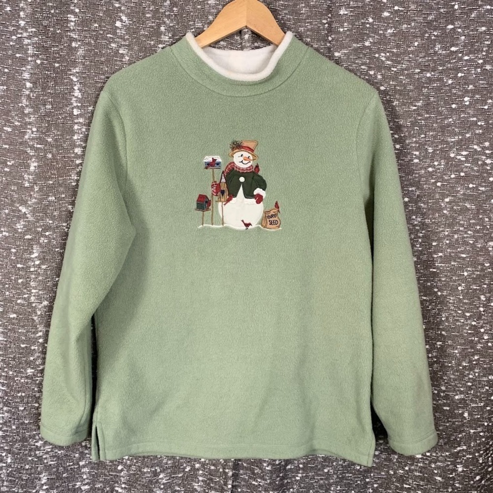 Croft & Barrow Green Fleece Pullover Sweatshirt Snowman Christmas Women's Medium